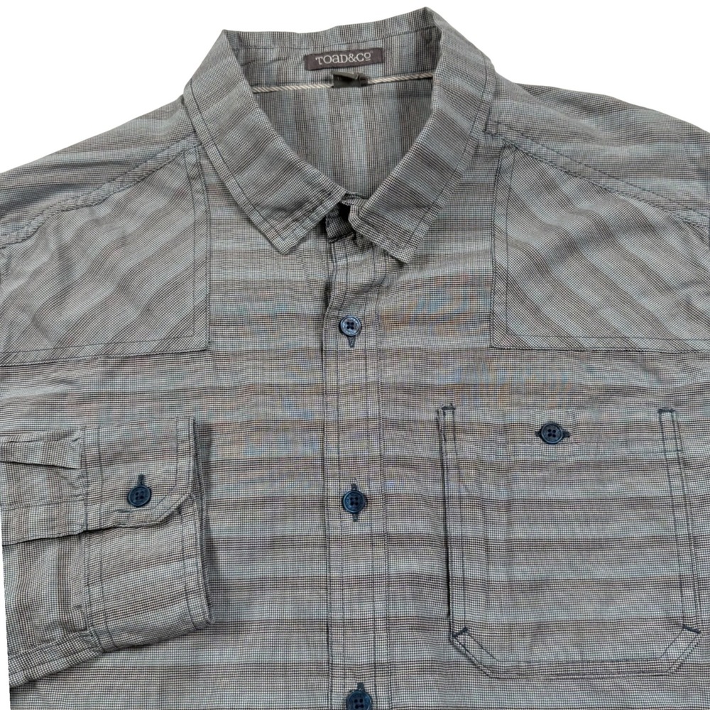 Toad and Co Trace LS Shirt Mens Medium Gray Blue Striped Organic Cotton
